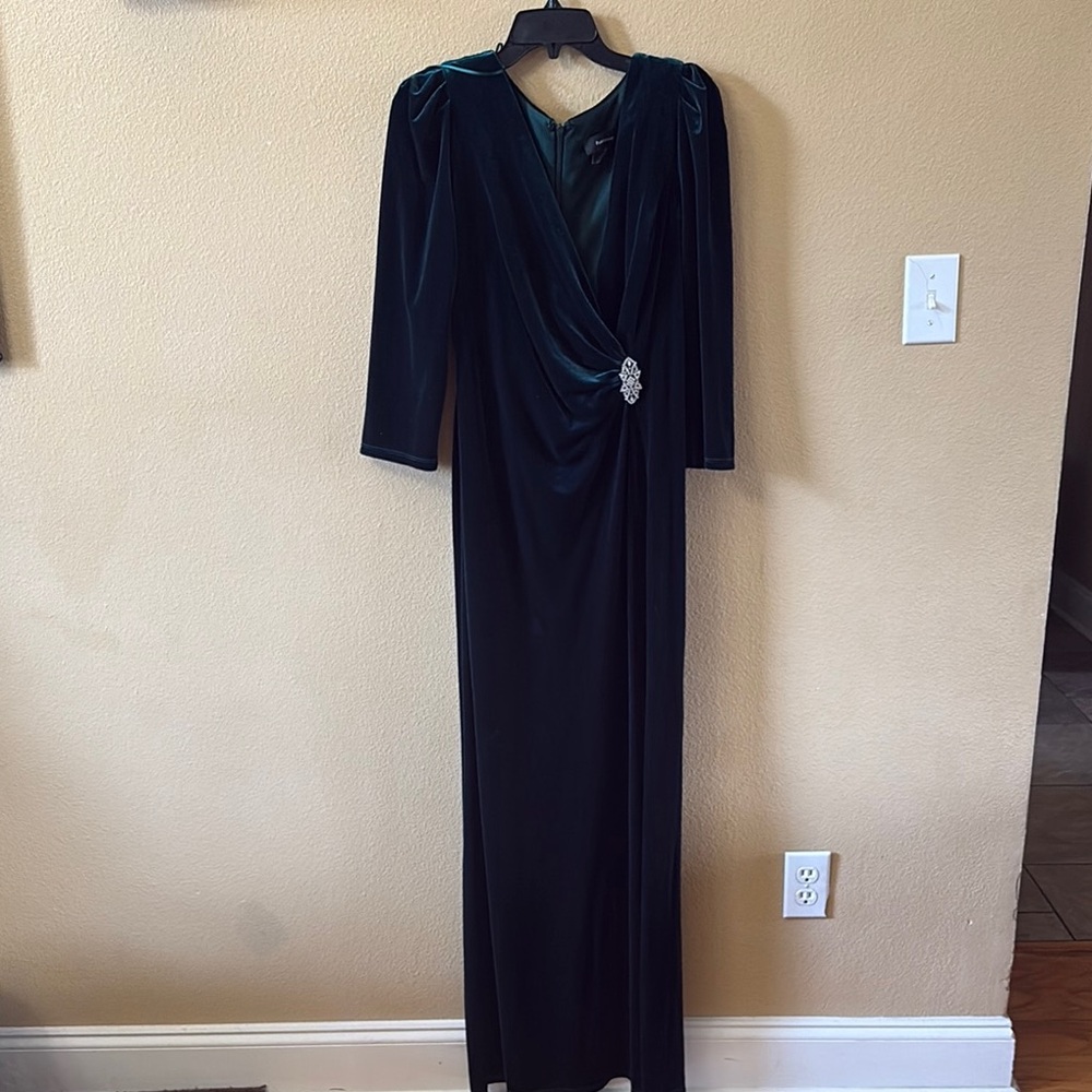 Dark green velvet evening gown.